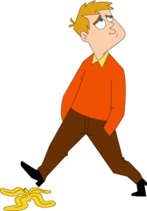 Man looking the other way while slipping on a banana peel